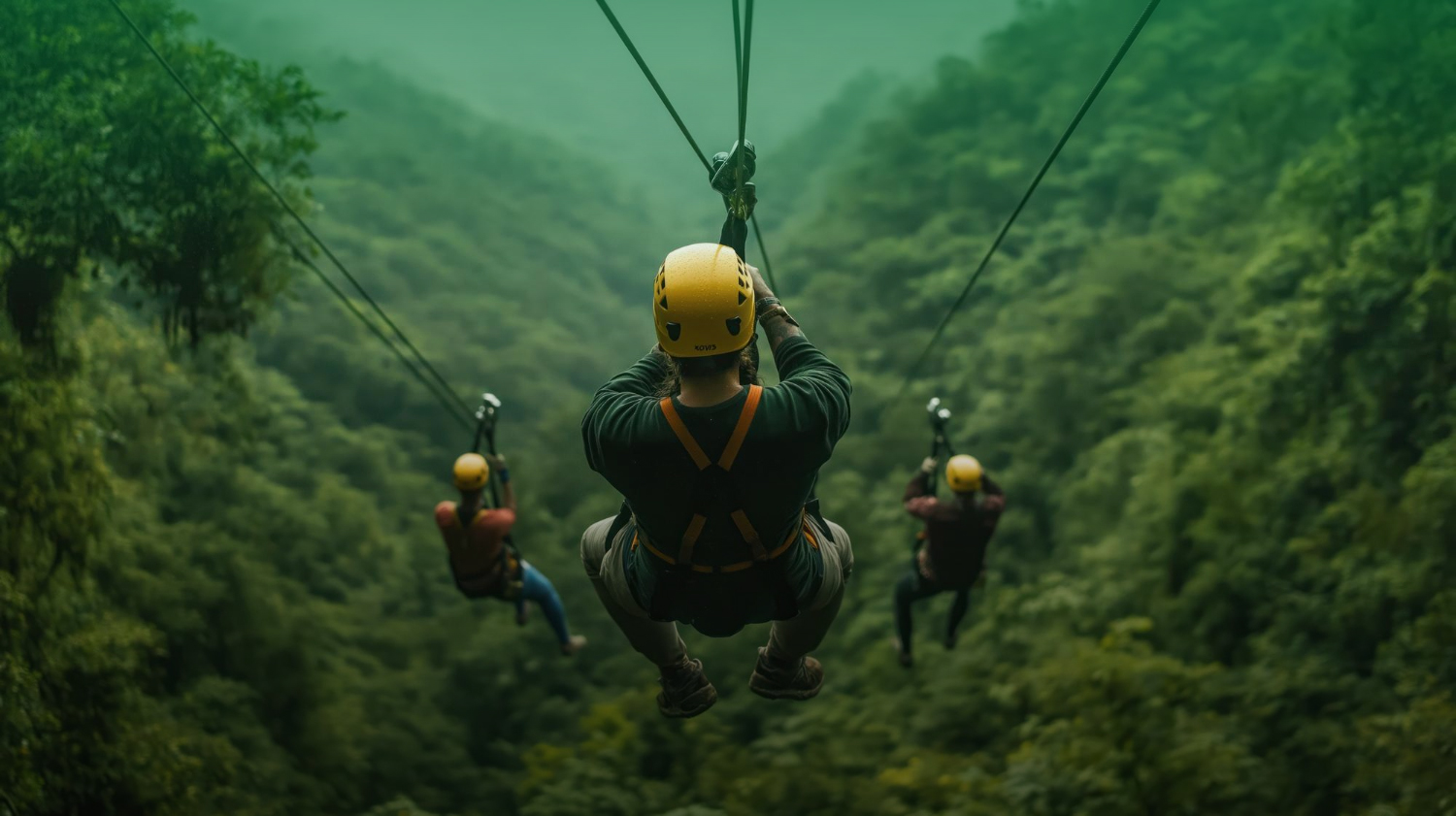 Tirolesa en bosque de espaldas - Franquicia Técnica Xtreme Land